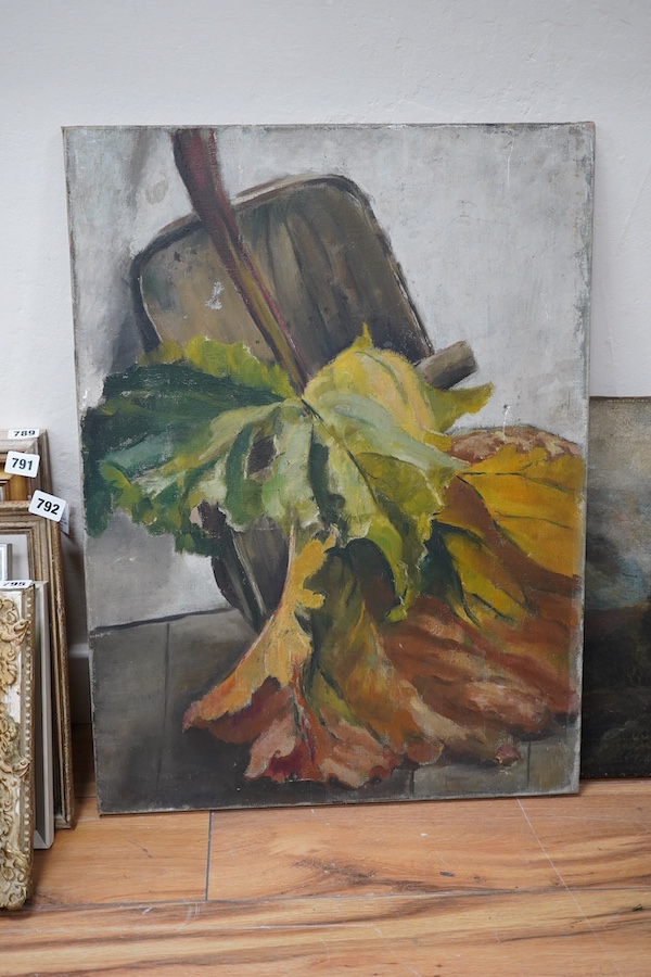 Modern British, oil on canvas, Still life of leaves, indistinctly monogrammed lower left, 67 x 50cm, unframed. Condition - fair